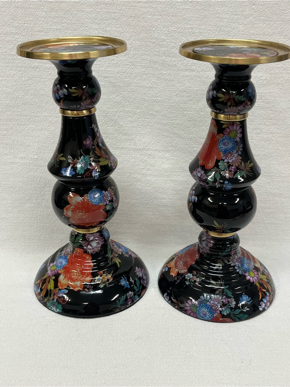 Mackenzie Childs Black Floral Market Pullar Candlesticks - set of 2